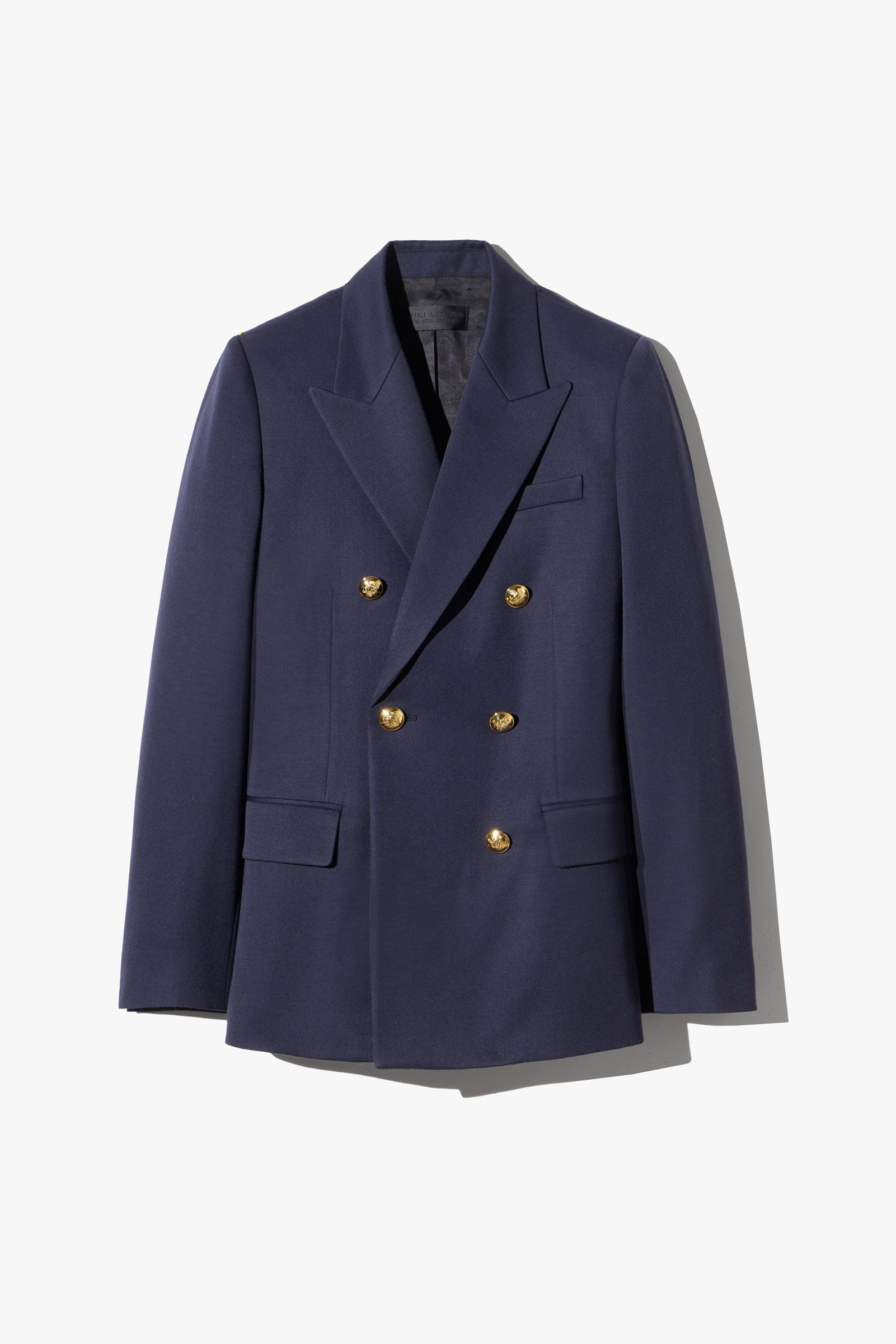 Navy double-breasted blazer with gold buttons on a white background.