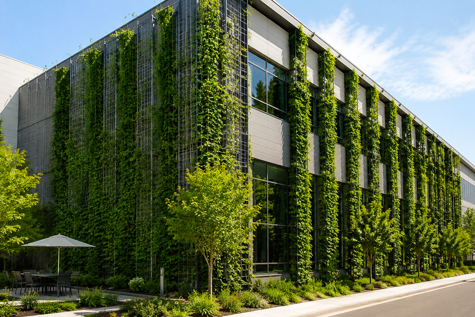 Modern building with tall trellises going up the sides with trailing greenery under a clear blue sky.