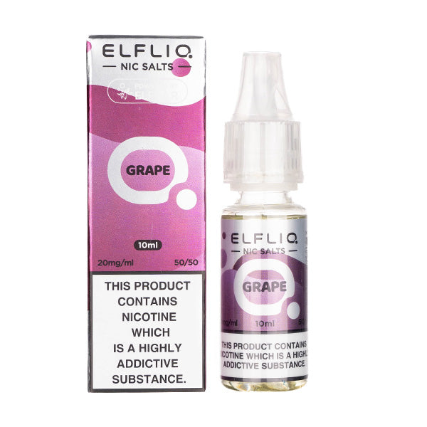 Box and Bottle of ELFLIQ's Grape Nicotine Salt E-Liquid in 20mg Strength