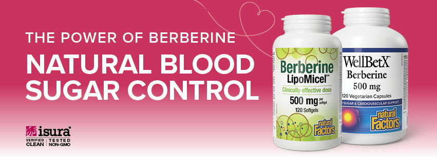 Bottles of berberine supplements with text promoting natural blood sugar control.