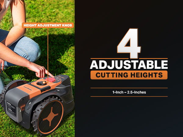 Person adjusting a lawn mower with text about cutting heights.