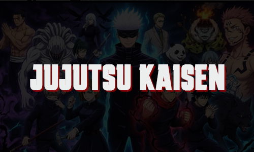 Jujutsu Kaisen title with characters in the background.