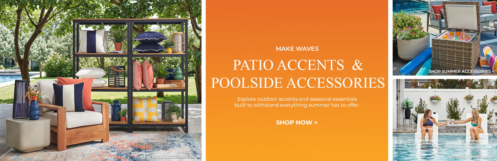 Outdoor furniture and pool accessories displayed in a sunny setting.