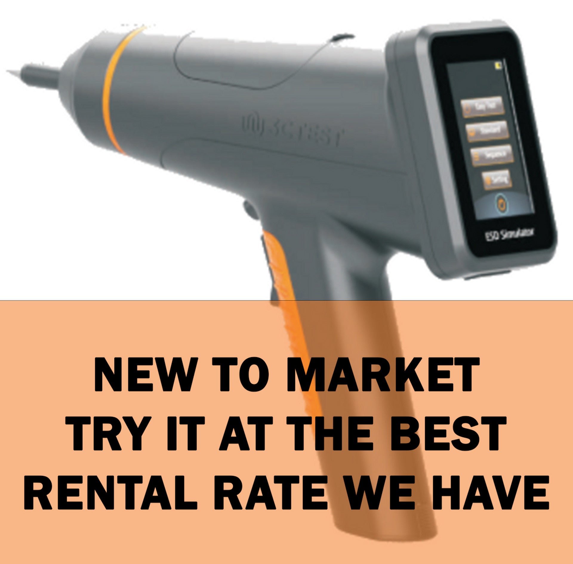 Promotional image of 3ctest EDS MAX20 ESD simulator highlighting best rental rates for new-to-market electrostatic discharge tool.