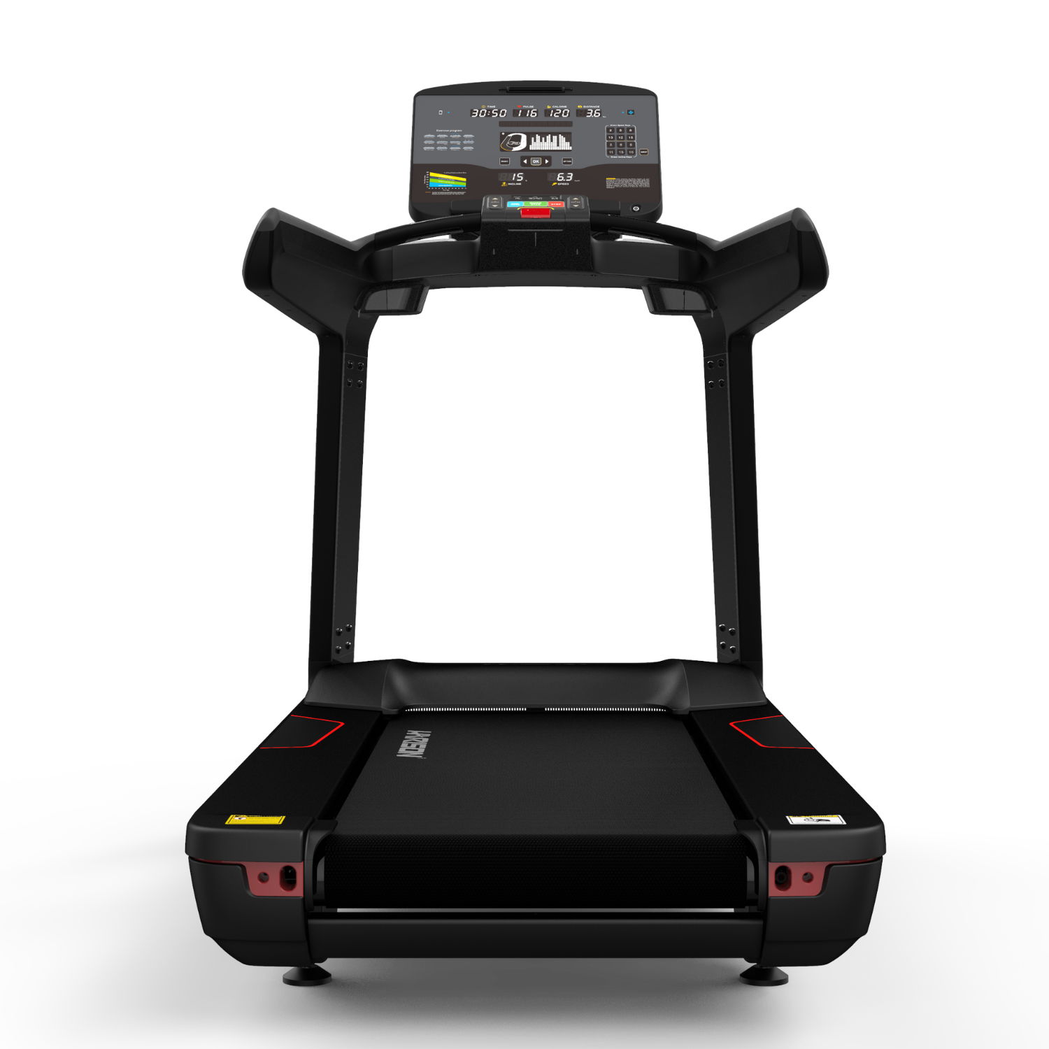 Black treadmill with digital display and controls.