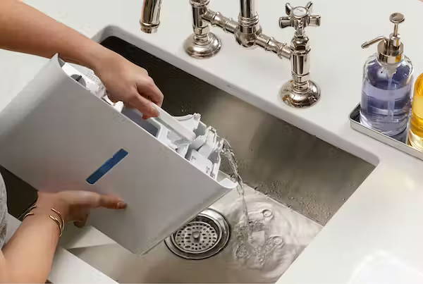 Person emptying the water bucket from the Haier dehumidifier.