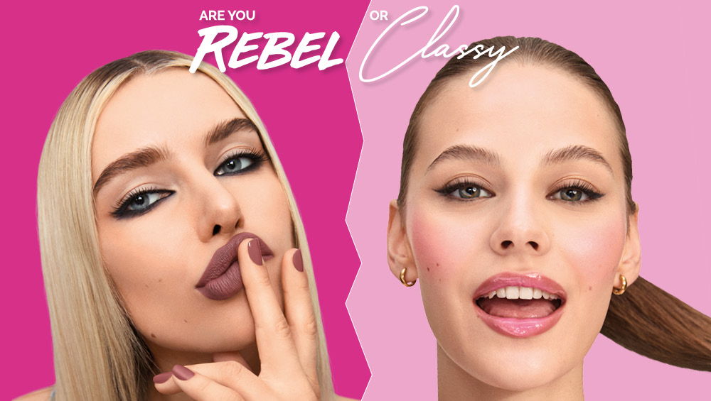 Two women with different makeup styles against pink backgrounds, promoting contrasts of rebellion and class.