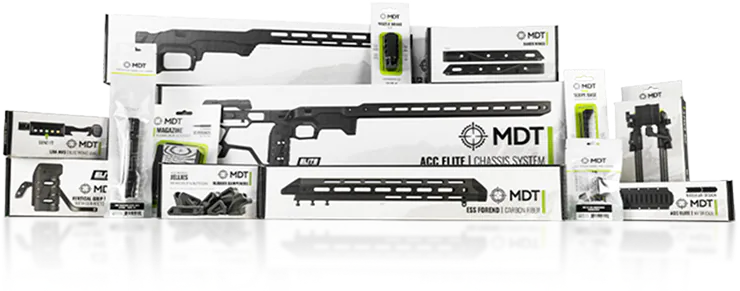 Various gun accessories displayed in packaging on a reflective surface.