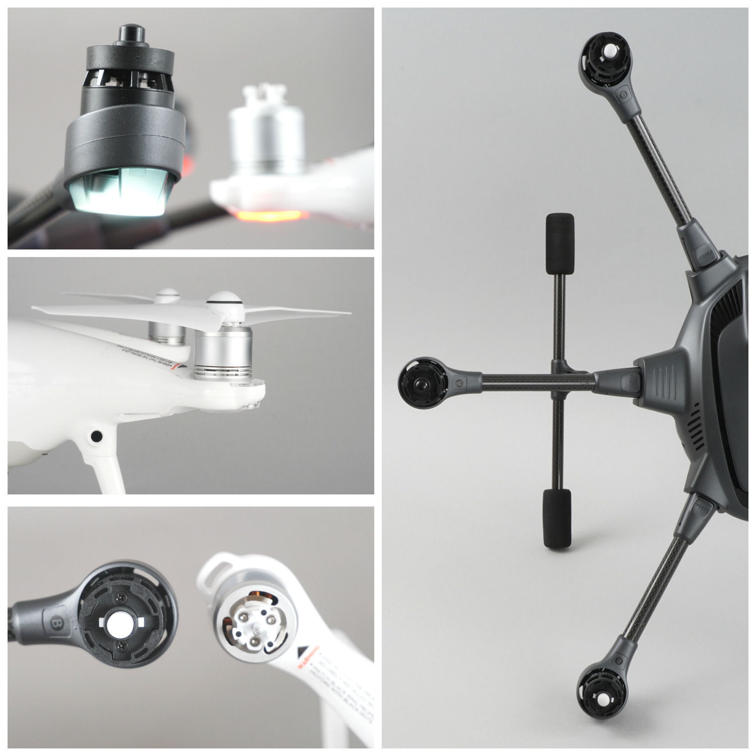 Different angles of a DJI Phantom drone, showcasing its components and design.
