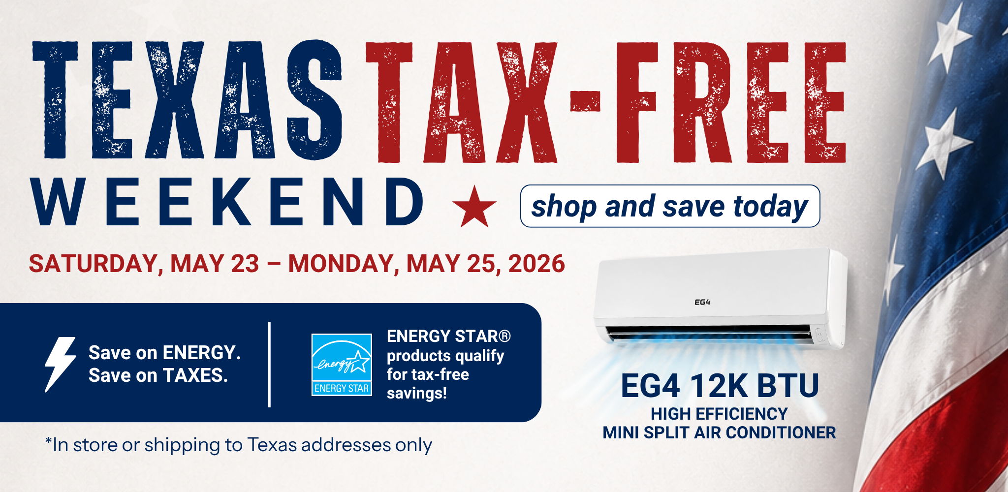 Texas Tax-Free Weekend advertisement with dates and promotional text.