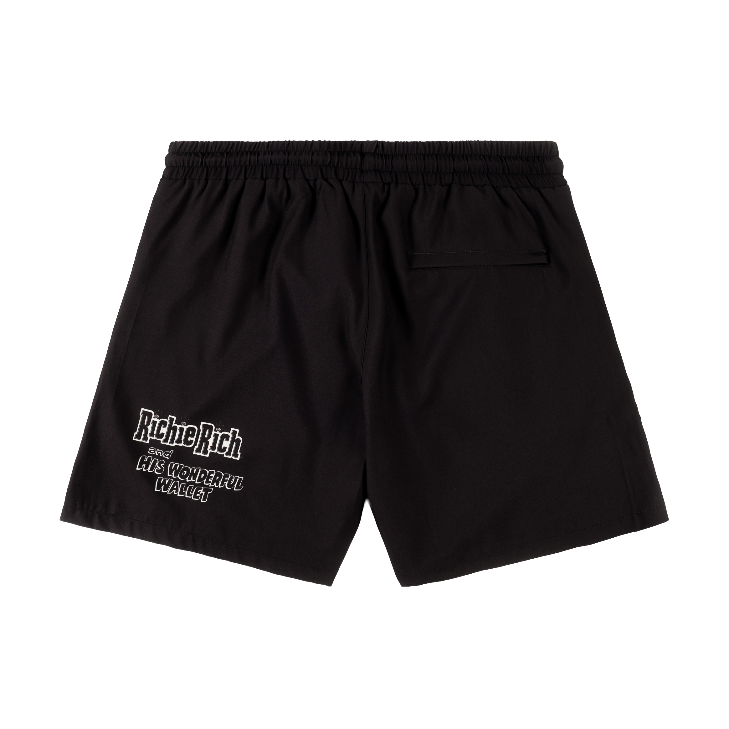 Black shorts with colorful graphics and text.