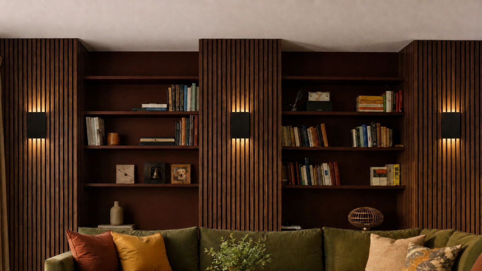 Cozy living room with bookshelves and modern wall lighting.