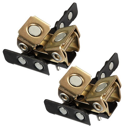 Two metal hinges with black plastic bases.