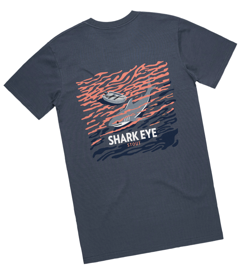 Petrol Blue Boston Brewing Co. Shark Eye Stout t-shirt with a bold screen printed salmon, grey and blue water and shark themed graphic