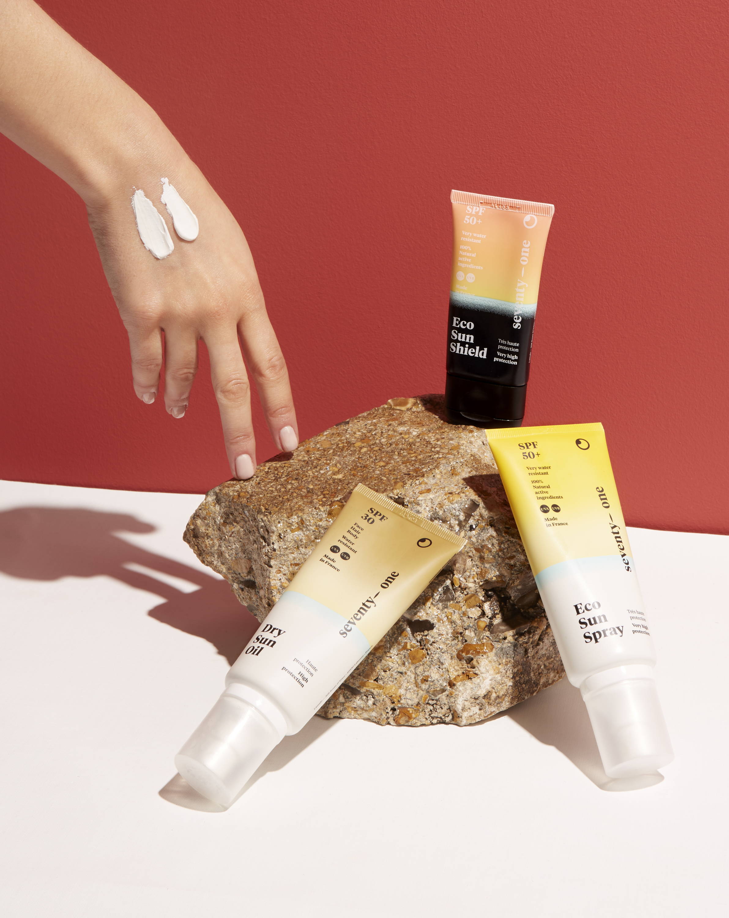 Eco Sun Shield, Eco Sun Spray et Dry Sun Oil de Seventy One Percent, protection solaires visage et corps
