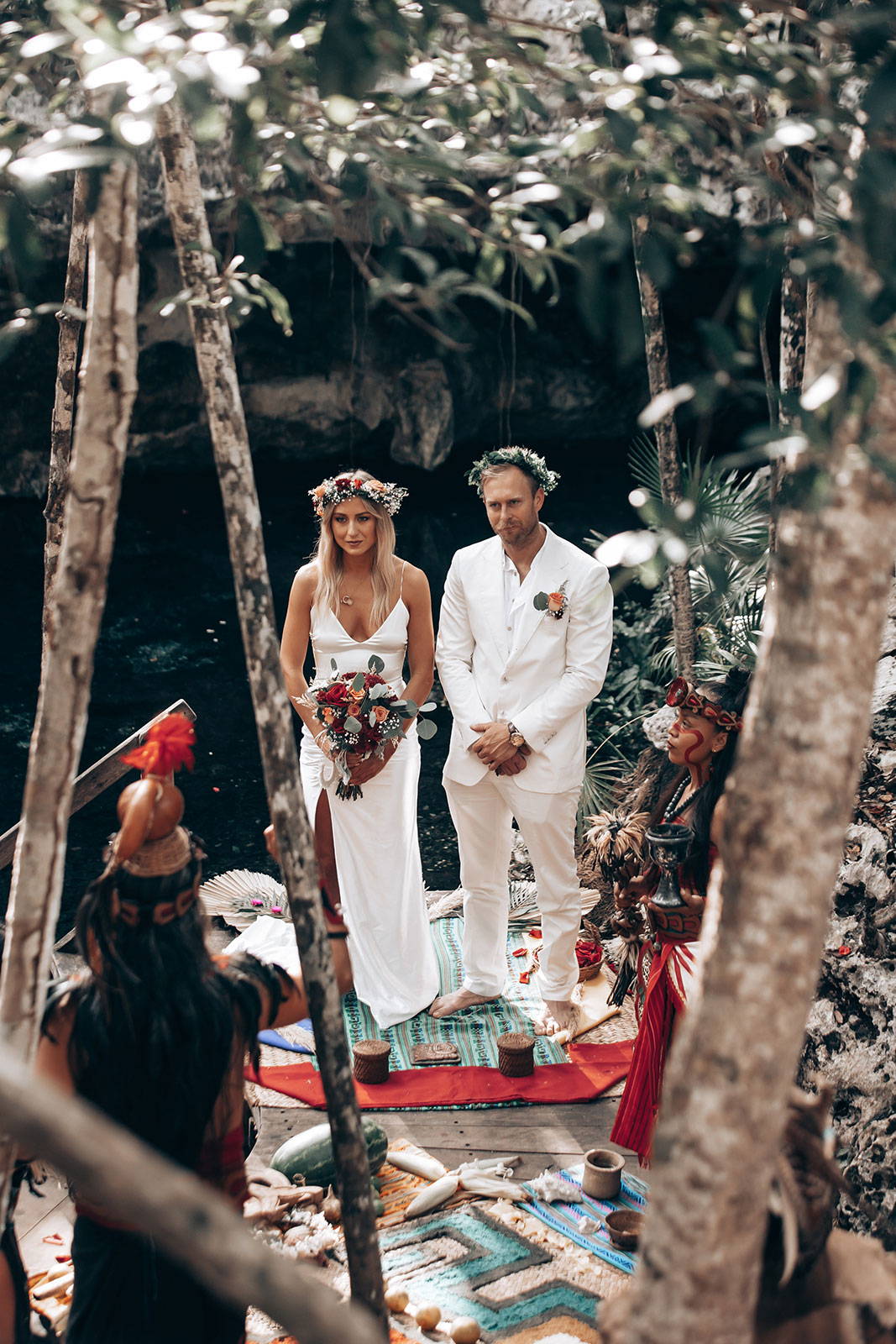 Bride and groom on deck in the middle of wedding ceremony