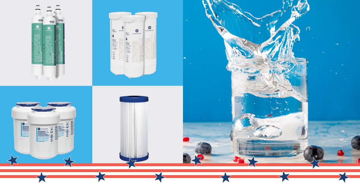 Water filter products and a glass splashing water with berries.