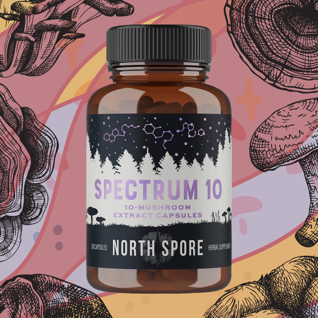 Bottle of Spectrum 10 mushroom extract with artistic background.