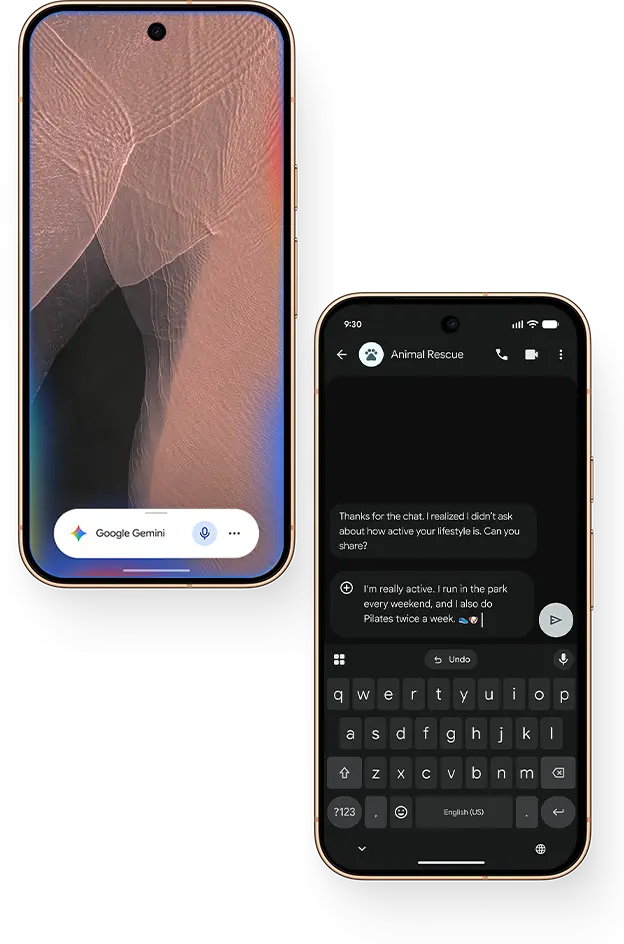Two smartphones displaying messaging apps and home screens.