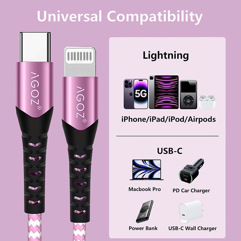 1ft Pink USB-C to Lightning Cable Fast Charger for iPhone