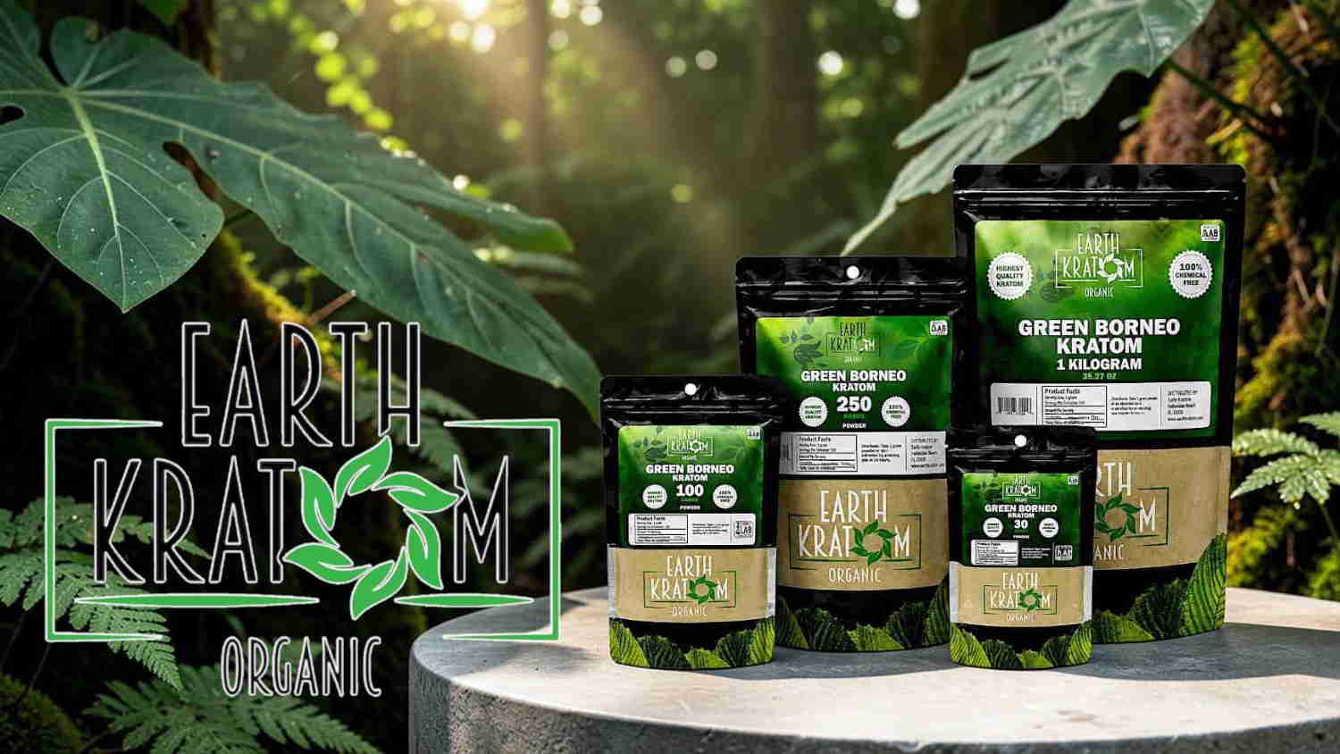 Various packages of Earth Kratom products in a natural setting.
