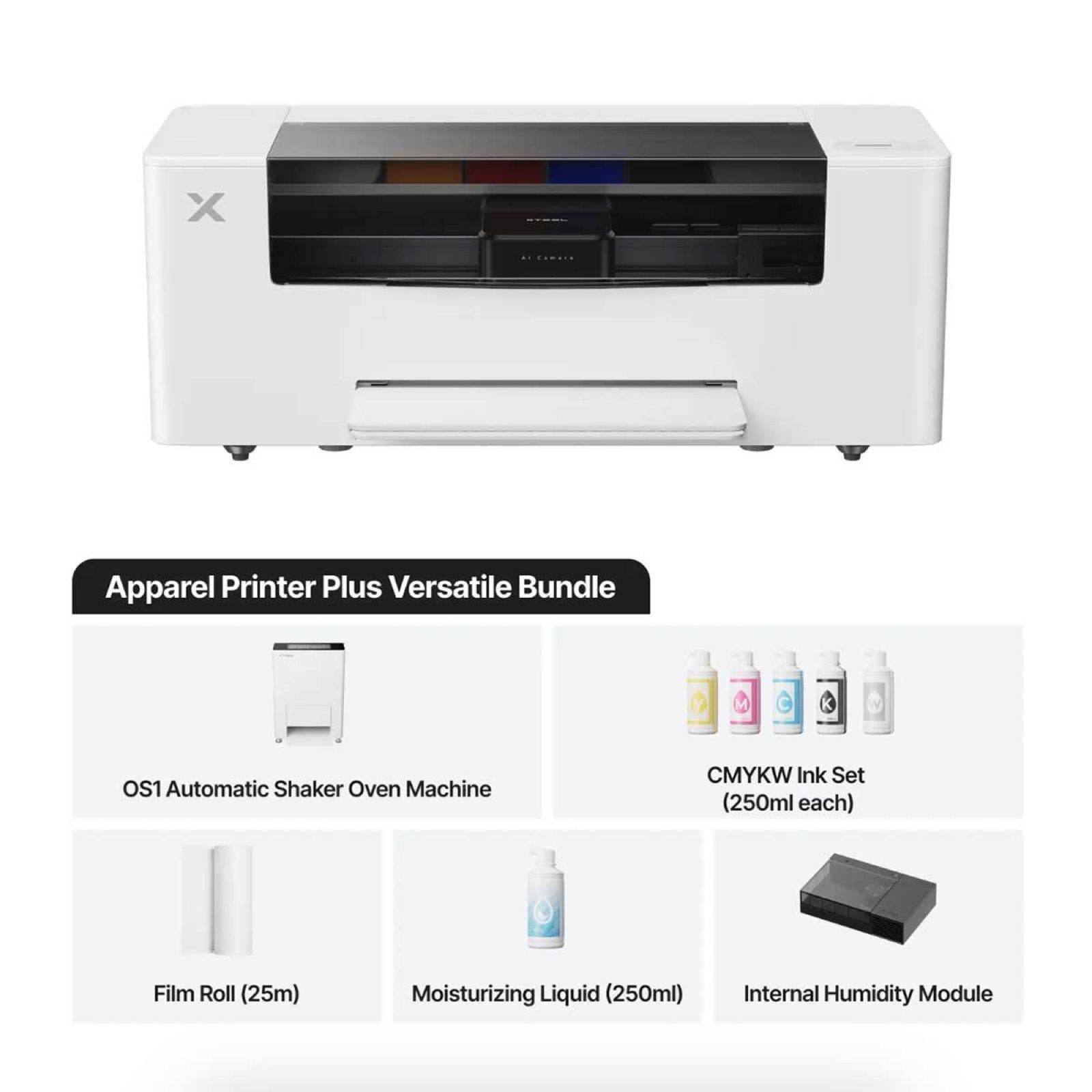 Apparel Printer Plus Versatile Bundle with various components listed.