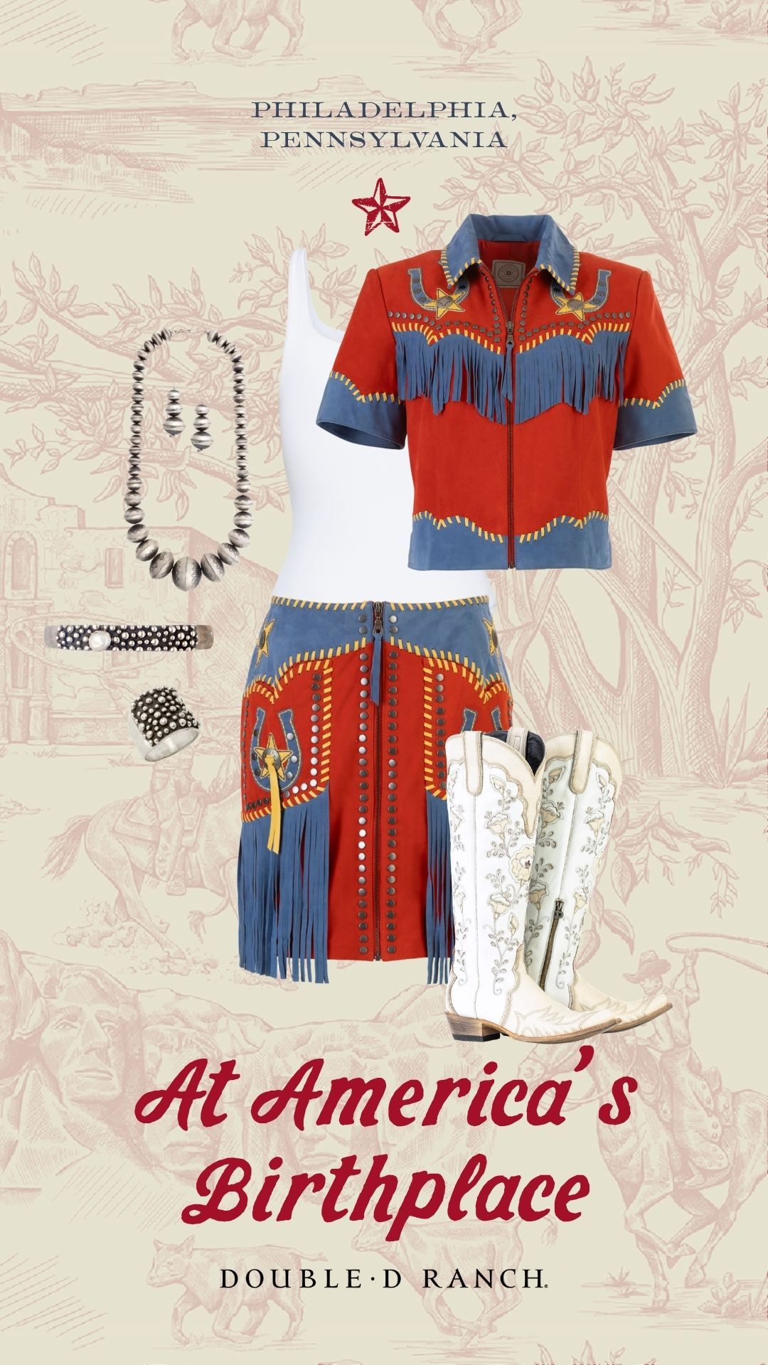 Liberty Belle Jacket and Skirt with tank top and Tenderfoot boots with Double D Ranch Jewelry