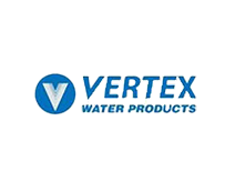 Vertex Water Products logo in blue on a white background.