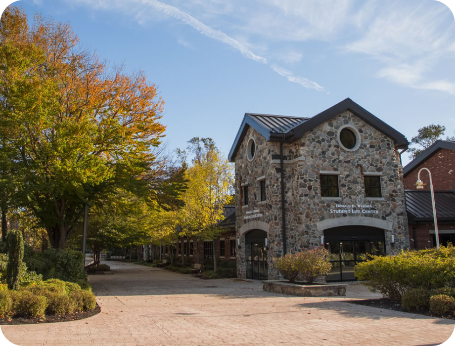 Stone building surrounded by trees and blue sky on a sunny day.