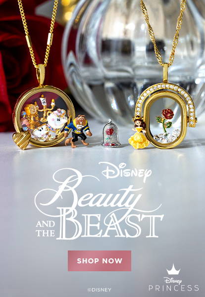 Gold Living Lockets with Beauty and the Beast character charms