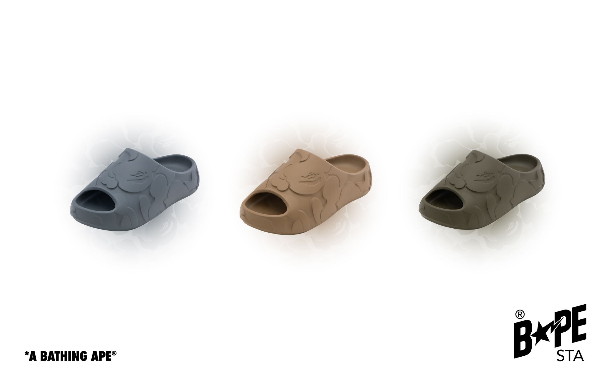 Three pairs of slide sandals in different colors on a white background.