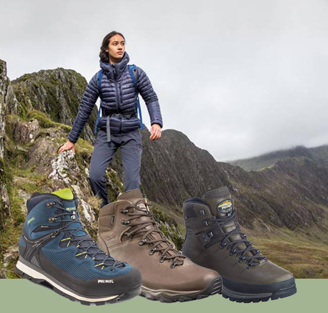 Lady Hiking as background. Range of Meindl Hiking Boots in front.