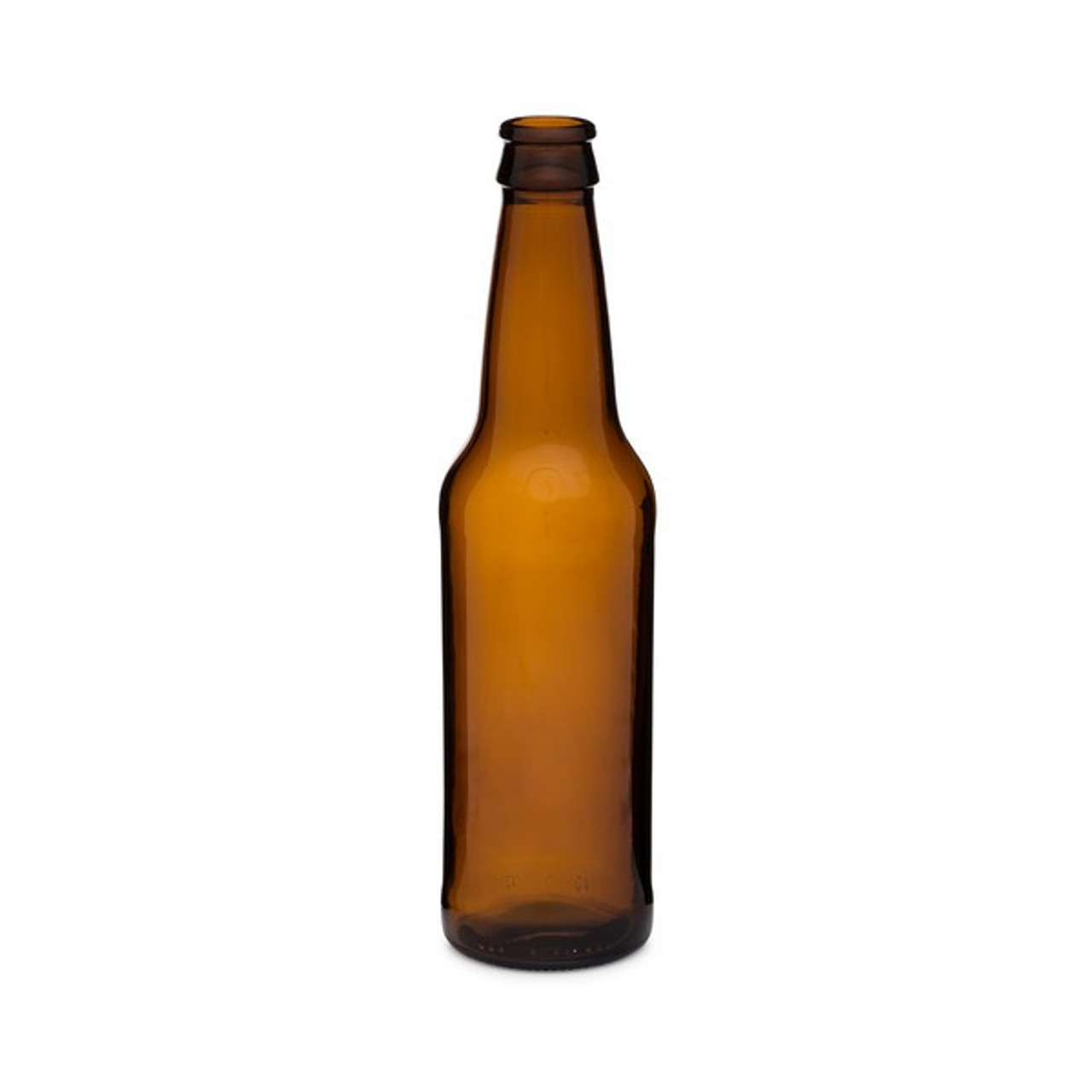 Empty amber glass bottle standing upright.