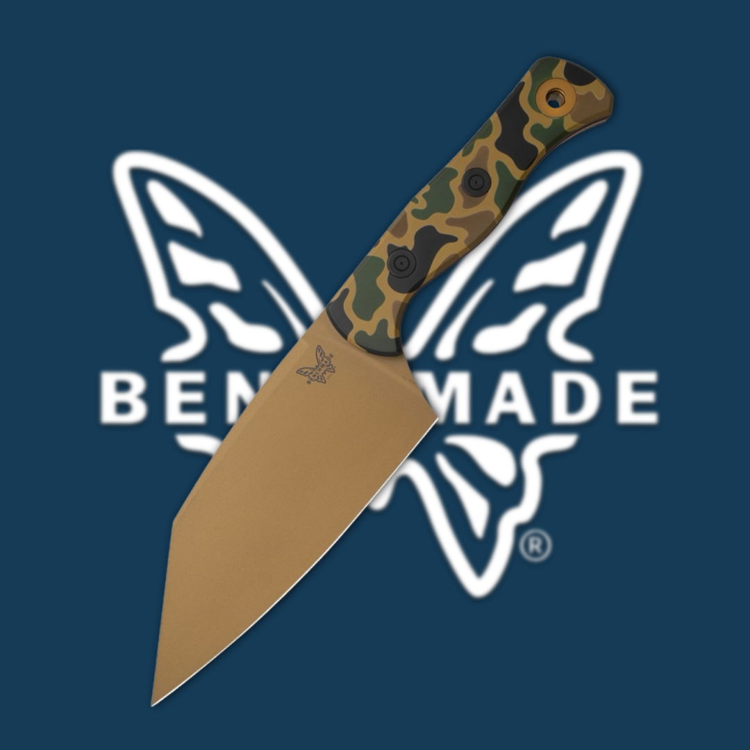 Knife with a patterned handle, against a blue background featuring a butterfly logo.