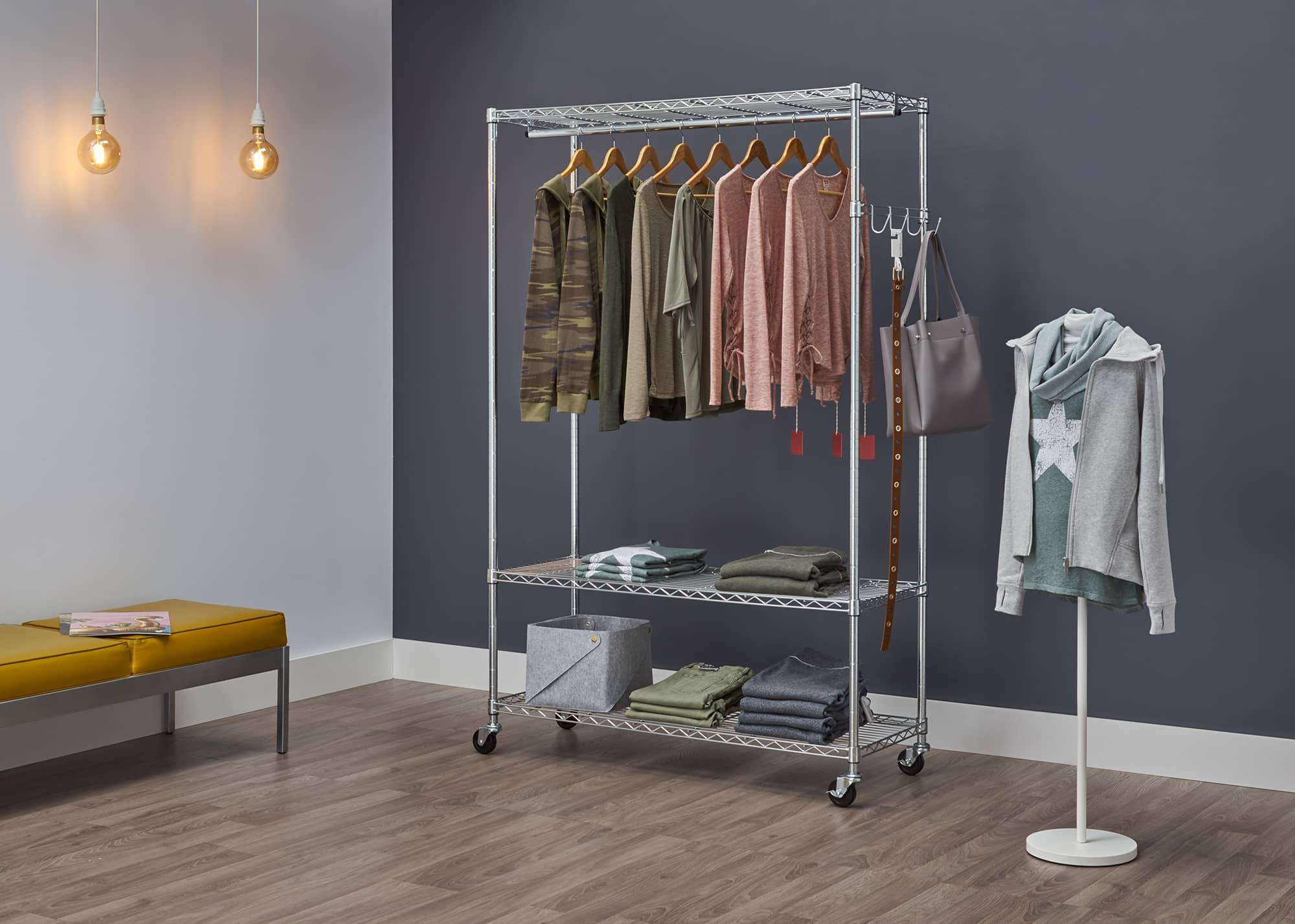 trinity rolling garment rack for retail use or small apartments