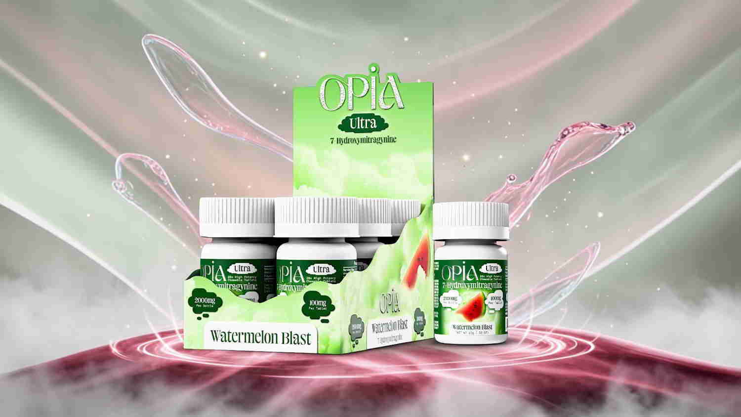 Display of health supplement bottles with a vibrant, colorful background.