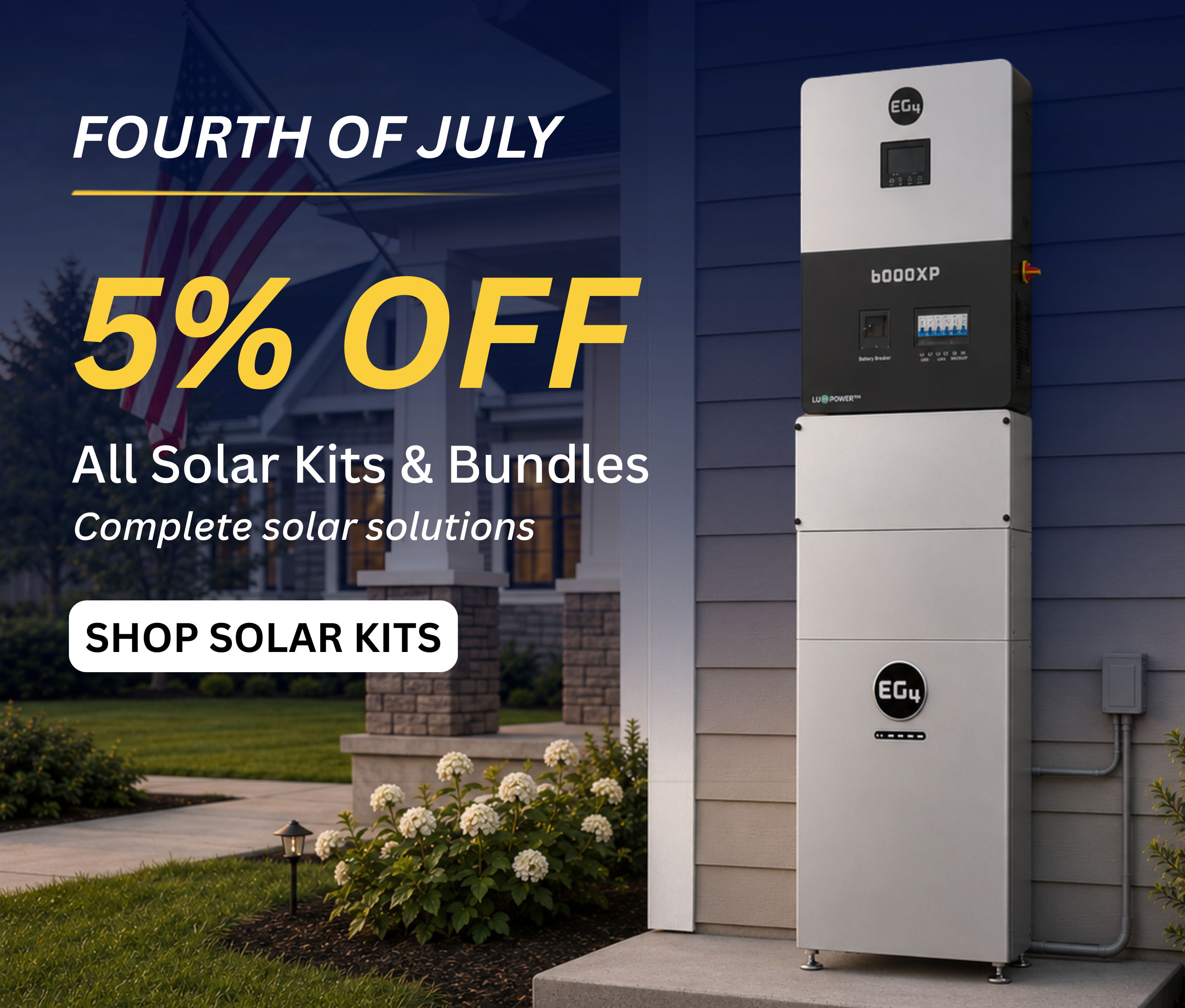 Promotional image for solar kits with a 5% off discount.