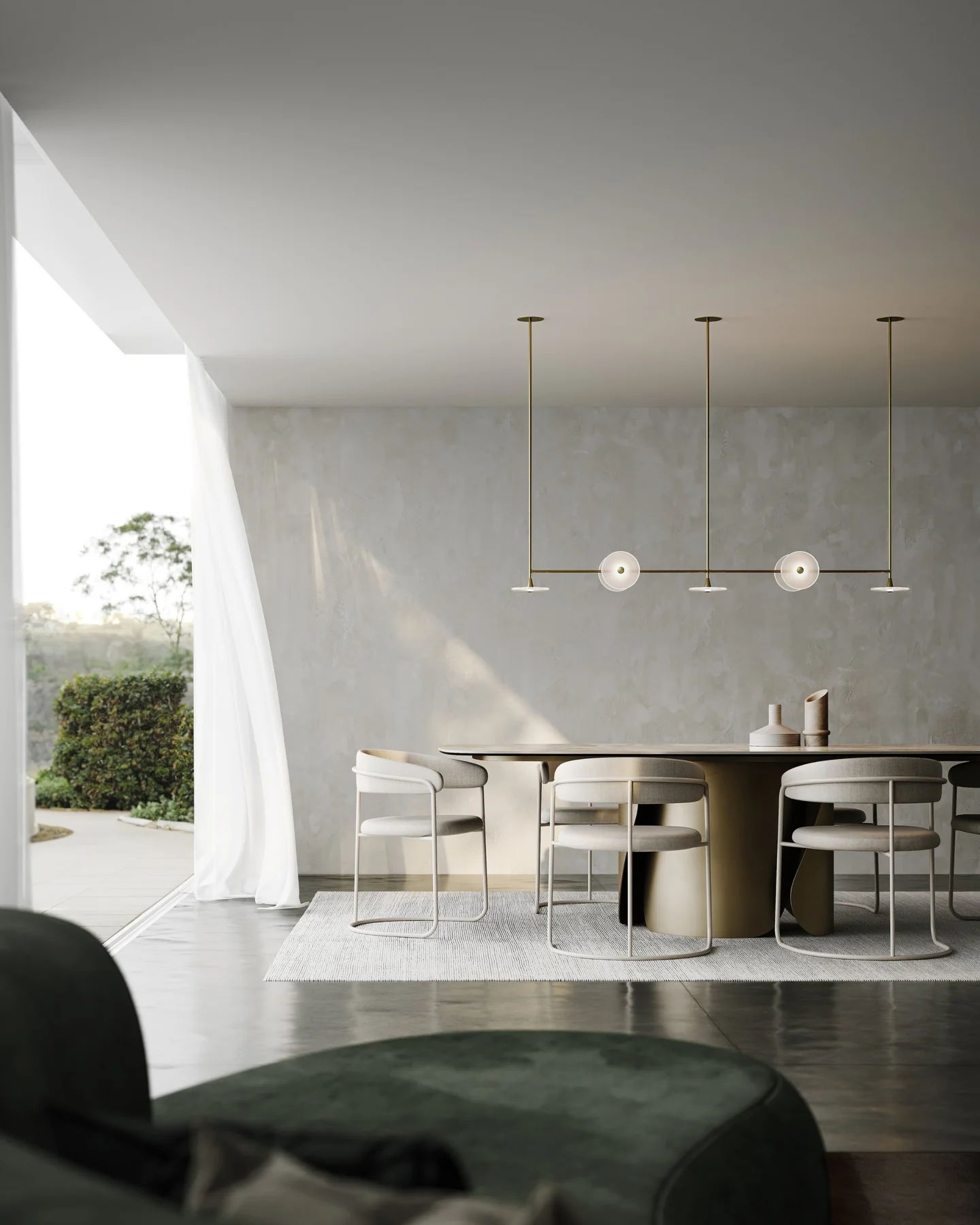 7 light linear rod pendant light over a minimalist dinning table