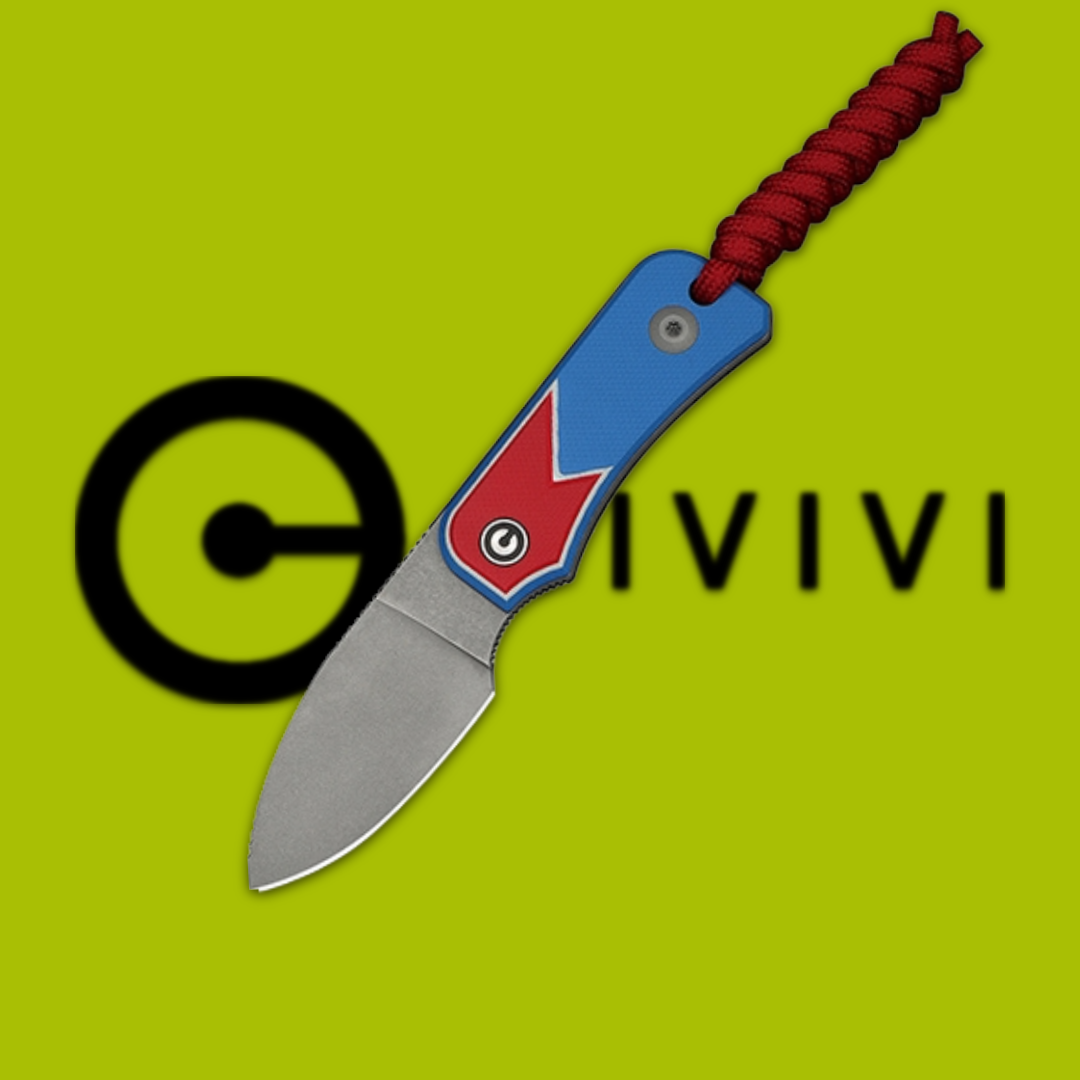 Colorful knife illustration with a logo in the background.