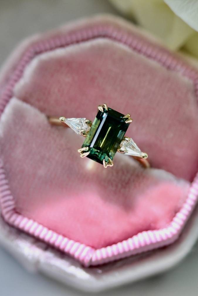 Emerald Cut Teal Sapphire Ring With Kite Diamond Sides
