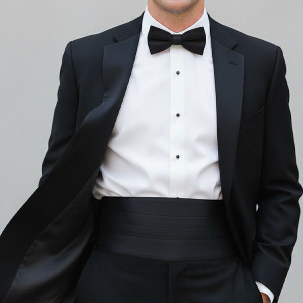 Man wearing a black tuxedo with black bow tie and cummerbund against a clean gray background, showing a modern tailored formalwear look.