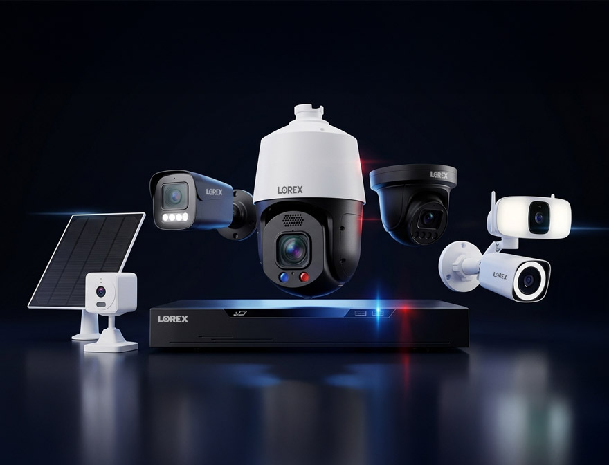Lorex professional security camera lineup including IP, analog, and wireless cameras with NVR recorder and accessories on a dark background