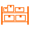 Orange shelf with various boxes on it.