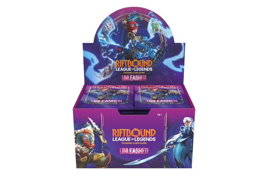 Display box for a trading card game with colorful artwork.