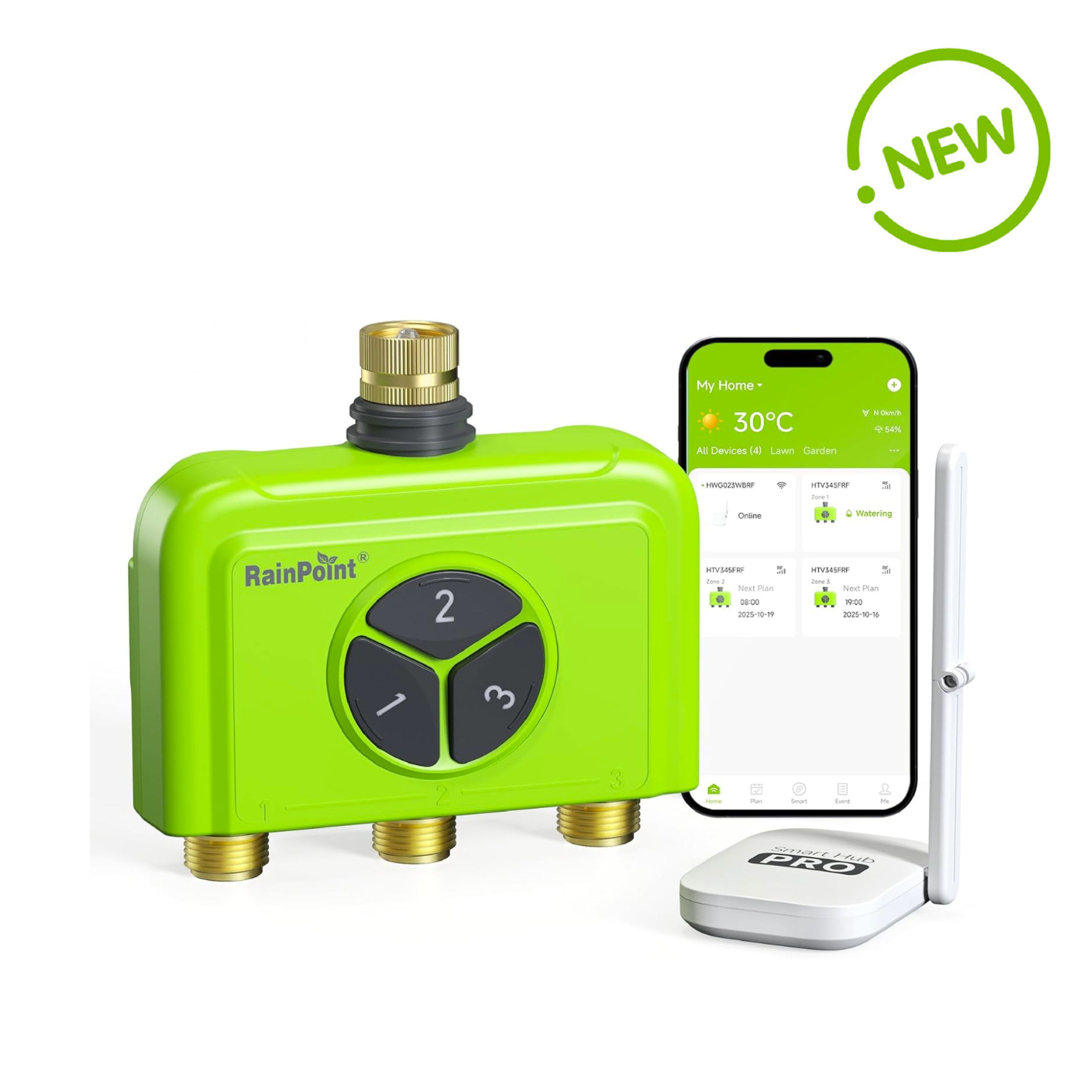 Green smart irrigation device with mobile app and connectivity features.