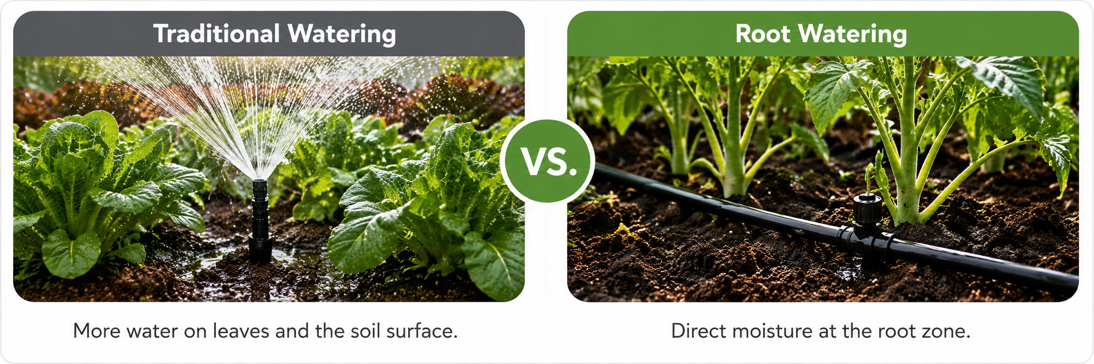 Comparison of traditional and root watering methods for plants.
