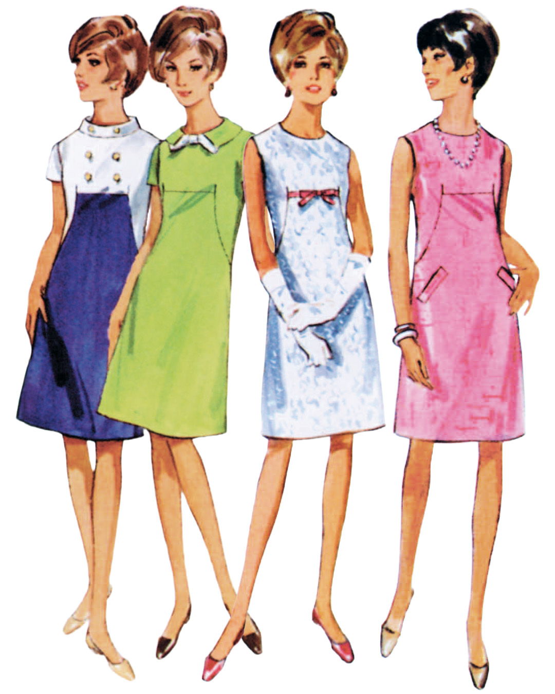 Four women modeling colorful 1960s dresses in various styles.