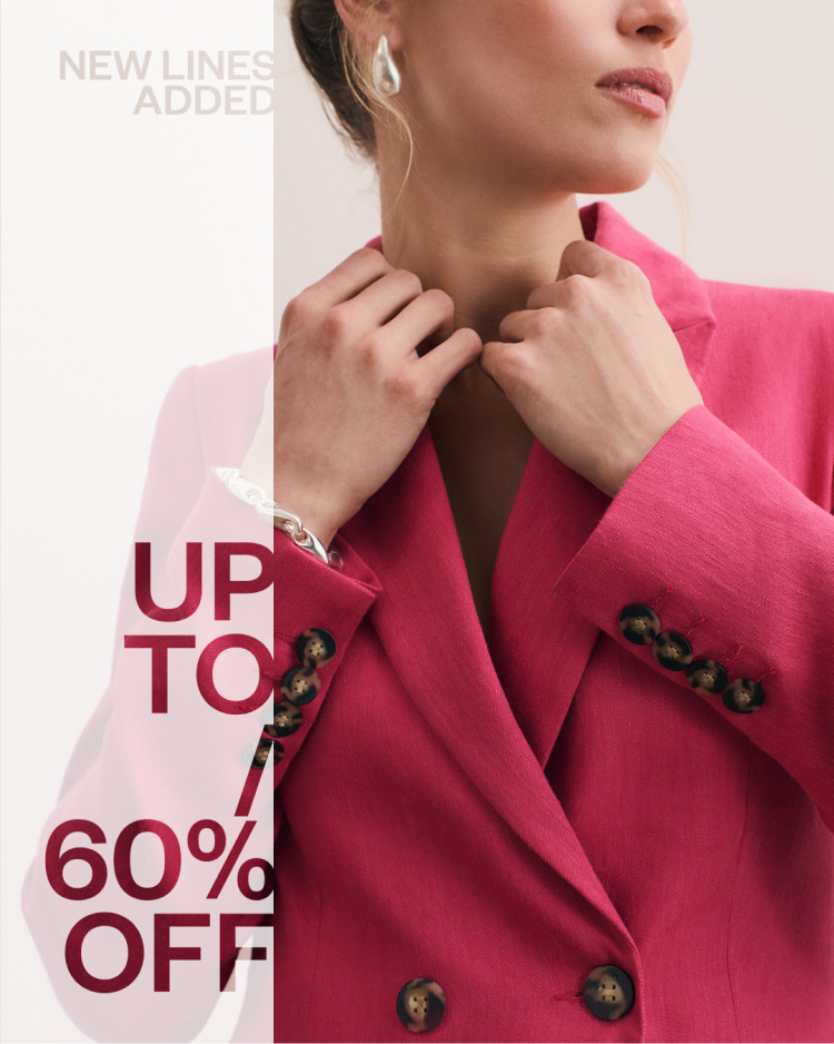 Woman in a pink blazer promoting a sale of up to 60% off.