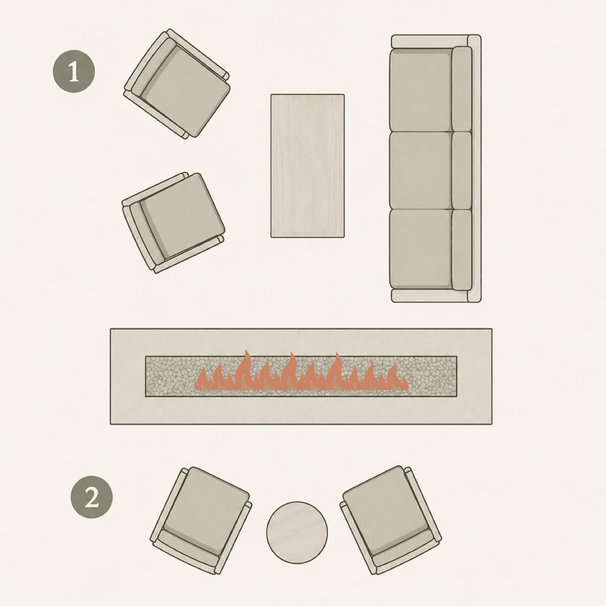Illustrated hospitality fire pit layout with two conversation zones around one linear fire feature.