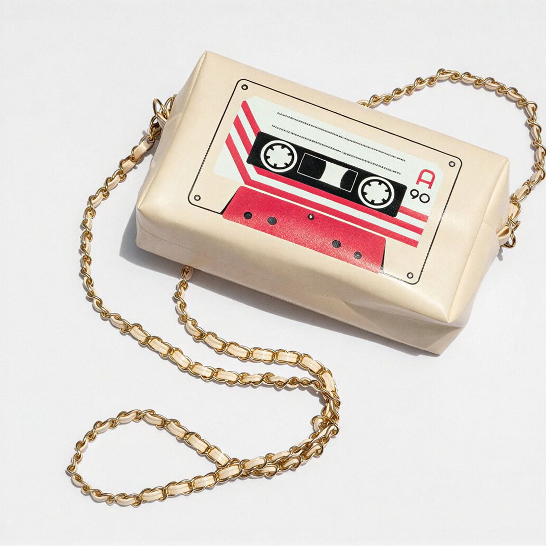 A cassette tape-shaped handbag with a gold chain strap.